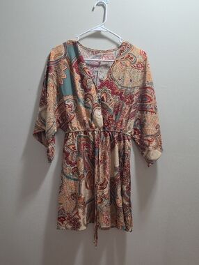 Paisley Print V-Neck Tunic Dress in Teal and Rust